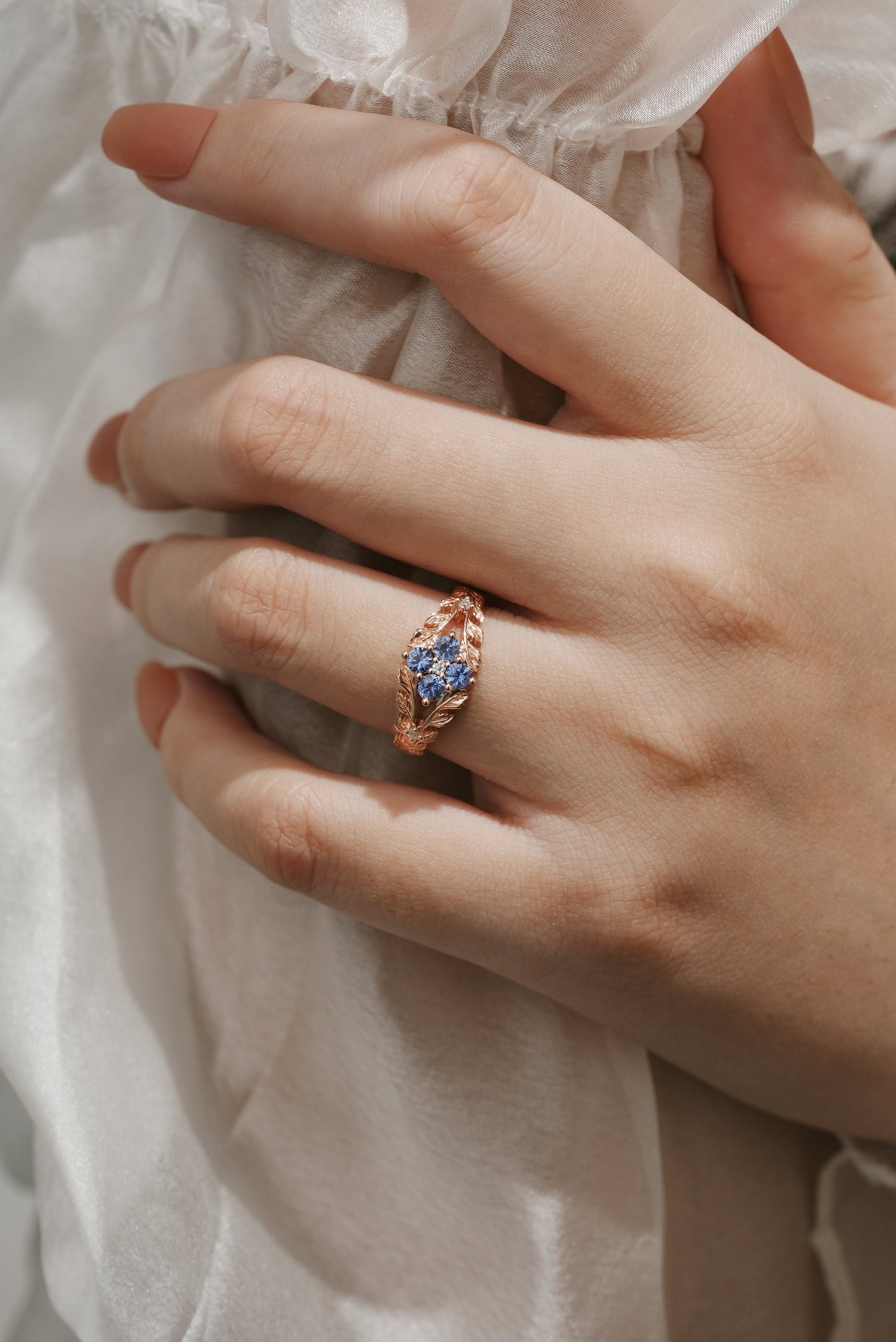 Nature Inspired Lab Cornflower Leaf Engagement Ring
