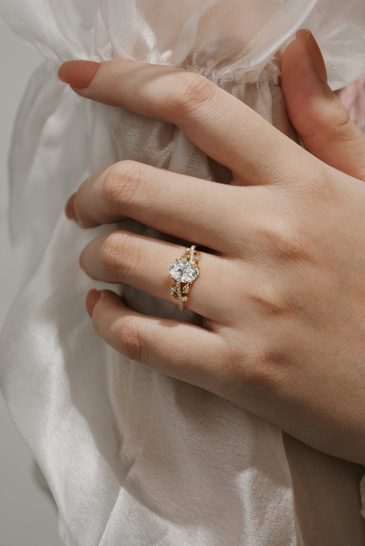 Nature Inspired Oval Cut Moissanite Engagement Ring Leaf Ring