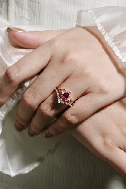Lab Ruby Nature Inspired Leaf Engagement Ring Set Curved Wedding Band 2pcs