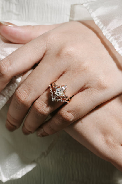 Coffin Cut Moissanite Leaf Engagement Ring Curved Wedding Band 2pcs