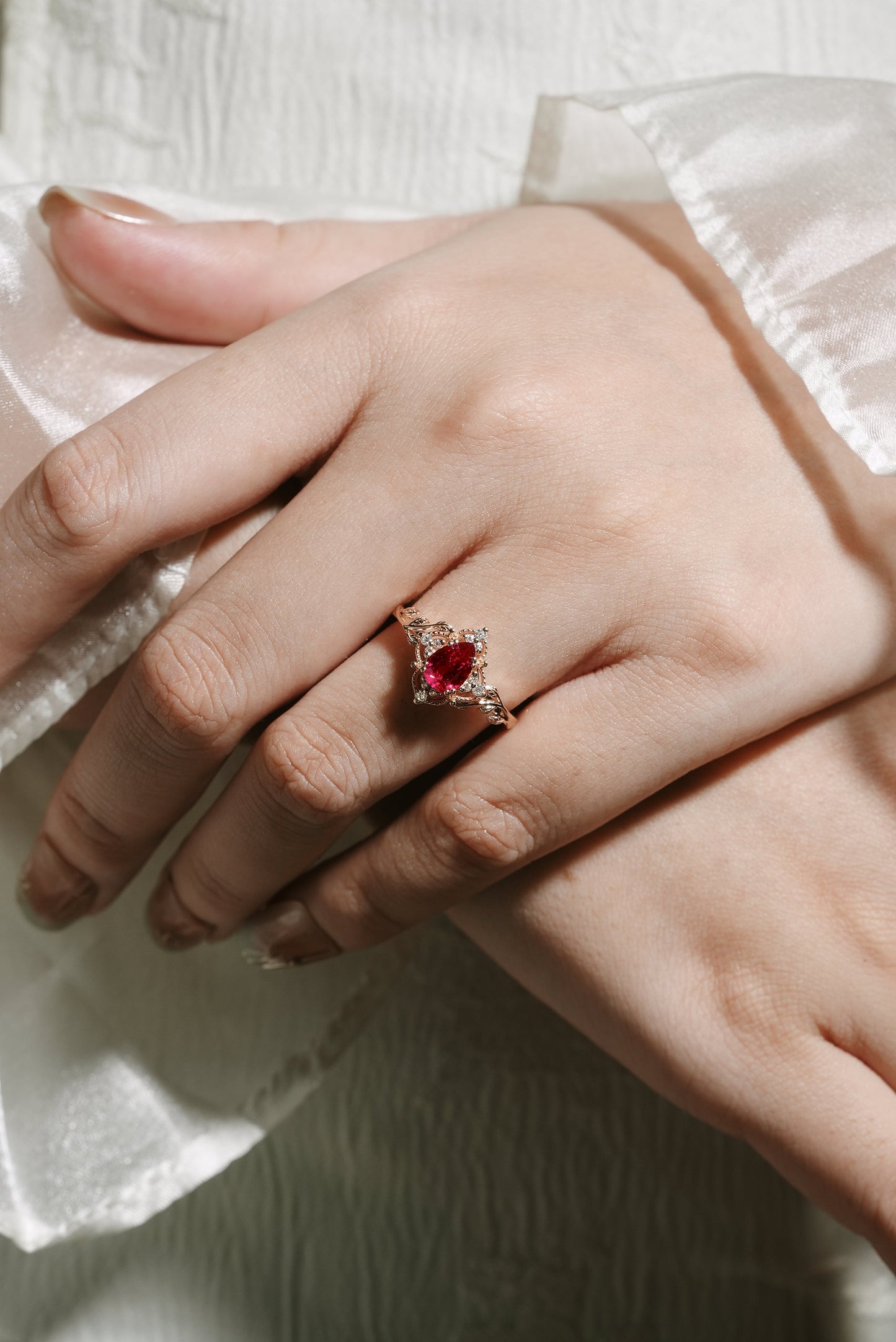 Pear Cut Lab Ruby Ring Nature Inspired Leaf Engagement Ring