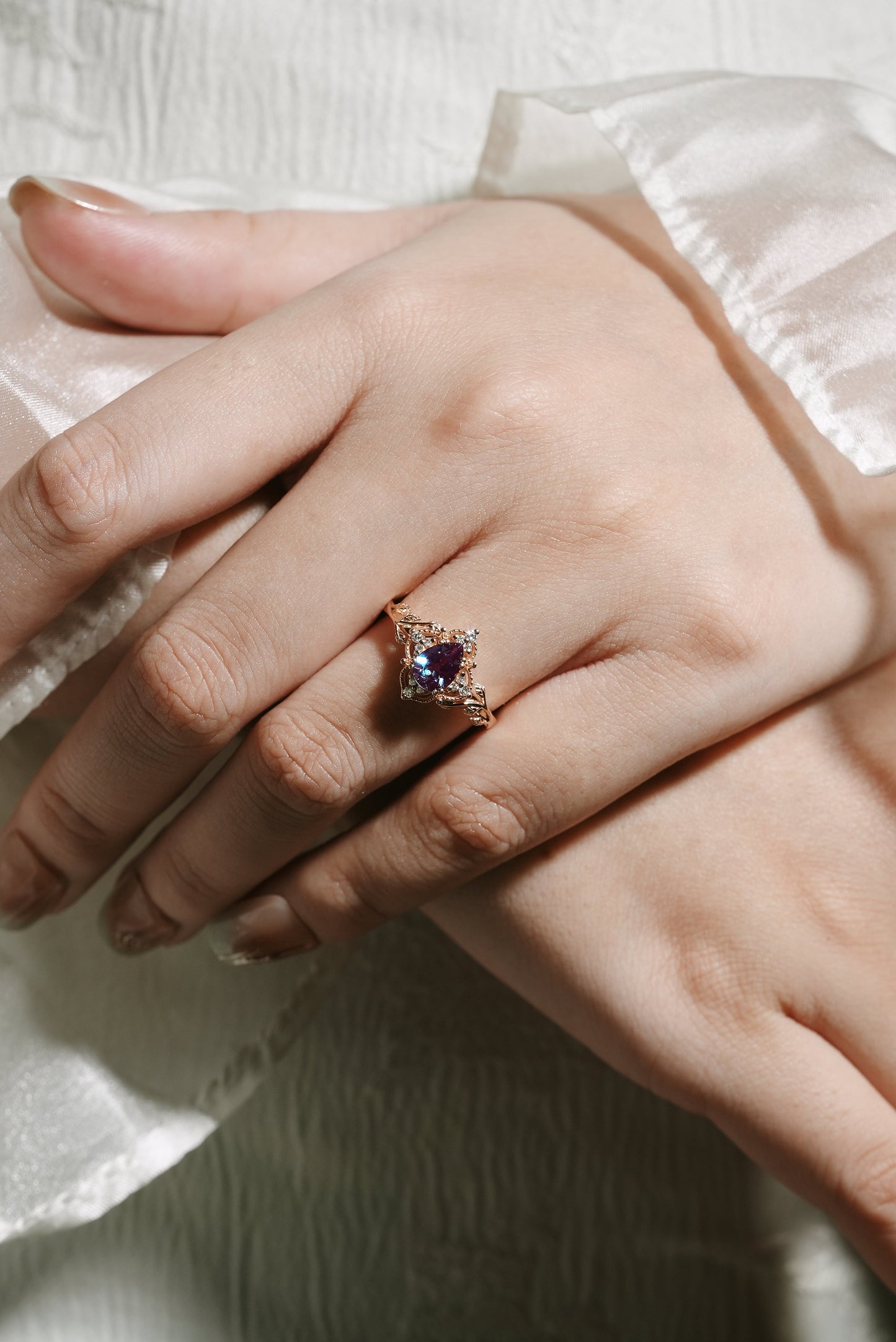 Pear Cut Alexandrite Nature Inspired Leaf Engagement Ring
