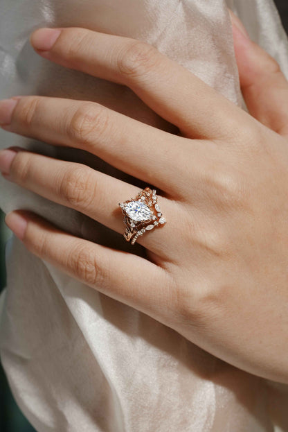 Oval Cut Moissanite Leaf Engagement Ring Bridal Set 2pcs