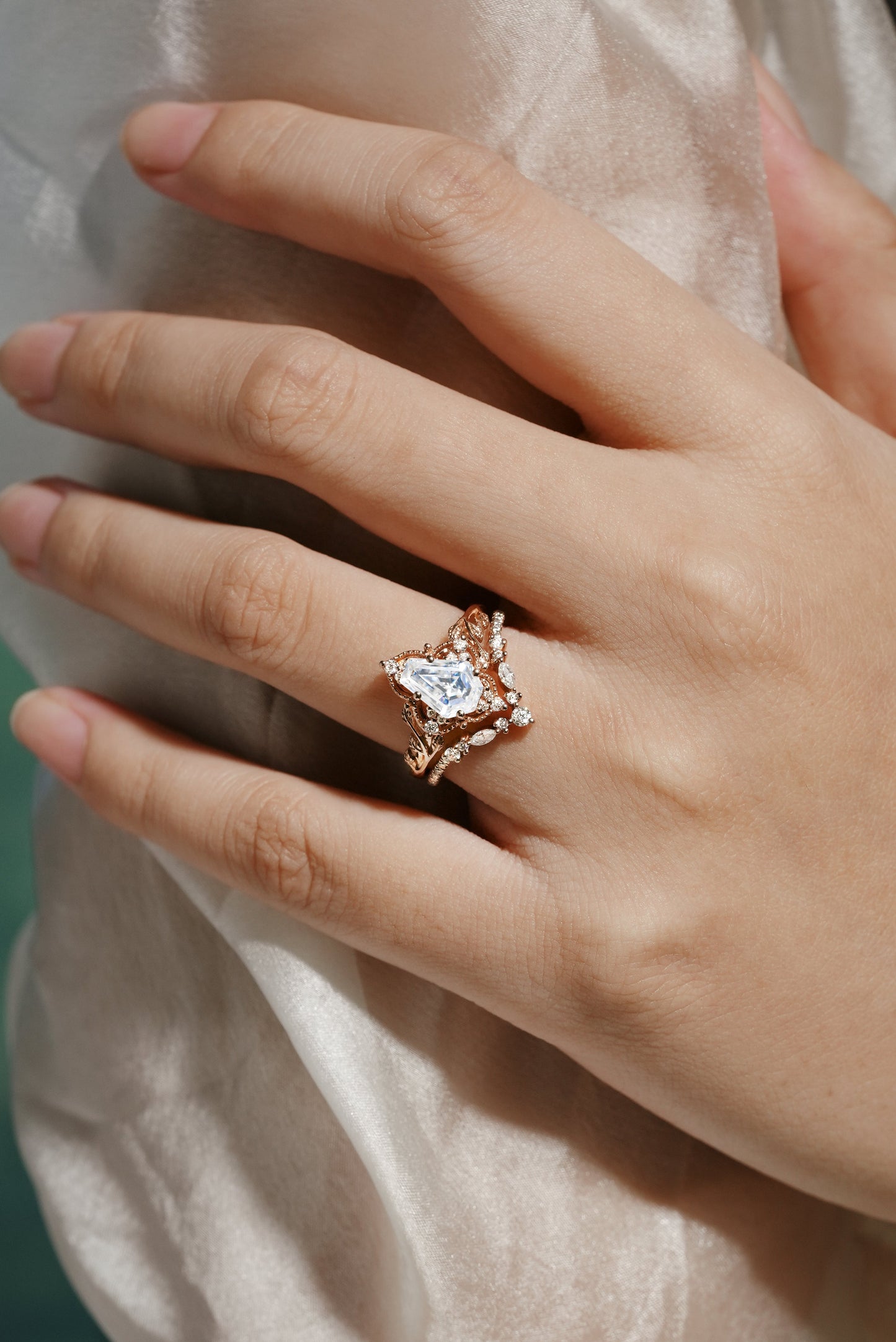 Unique Coffin Cut Moissanite Engagement Ring Leaf Bridal Set 2pcs