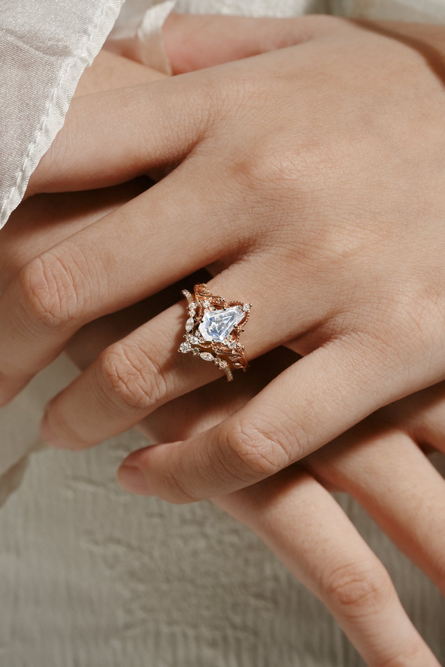Unique Coffin Cut Moissanite Engagement Ring Leaf Bridal Set 2pcs