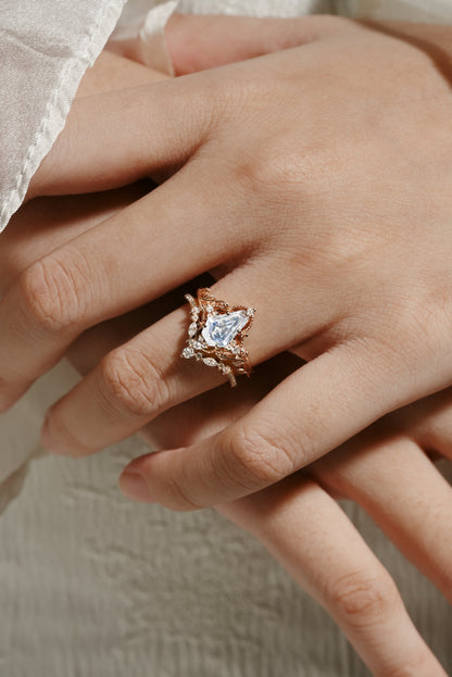 Unique Coffin Cut Moissanite Engagement Ring Leaf Bridal Set 2pcs