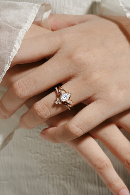 Elongated Leaf Oval Cut Moissanite Ring Set 2pcs