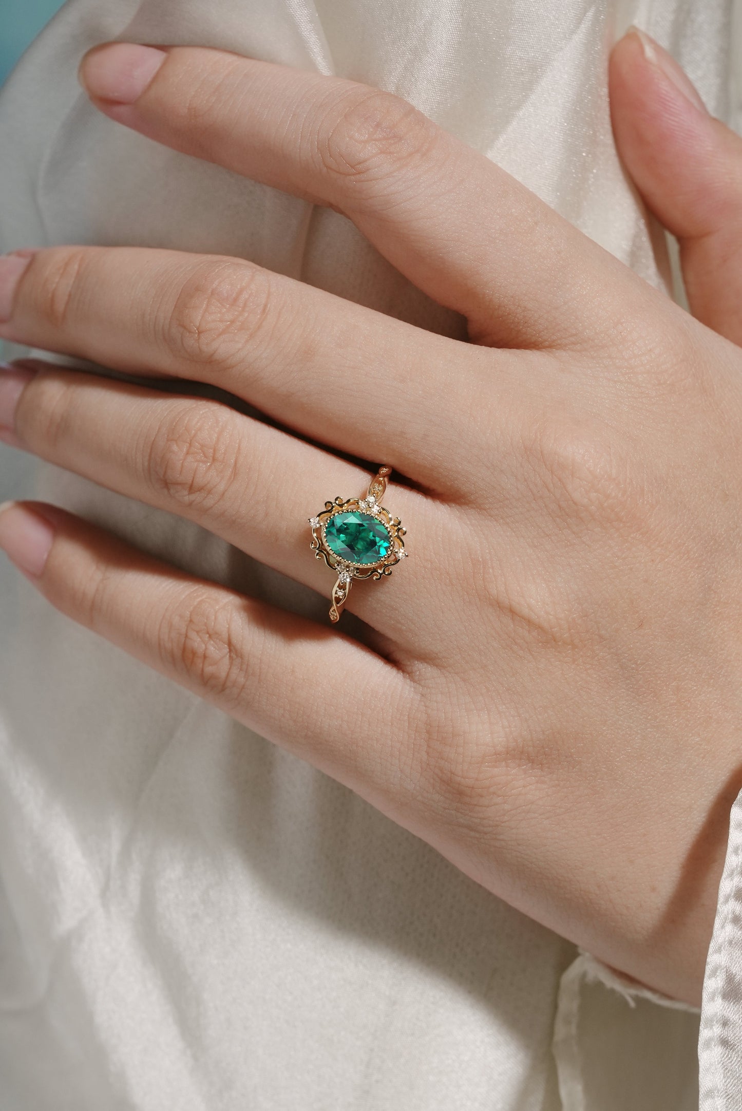 Vintage Royal Court Style Lab Grown Emerald Engagement Ring