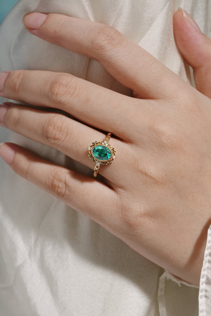 Vintage Royal Court Style Lab Grown Emerald Engagement Ring