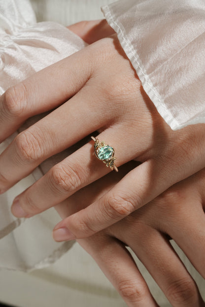 Oval Green Sapphire Engagement Ring with Leaf & Flower
