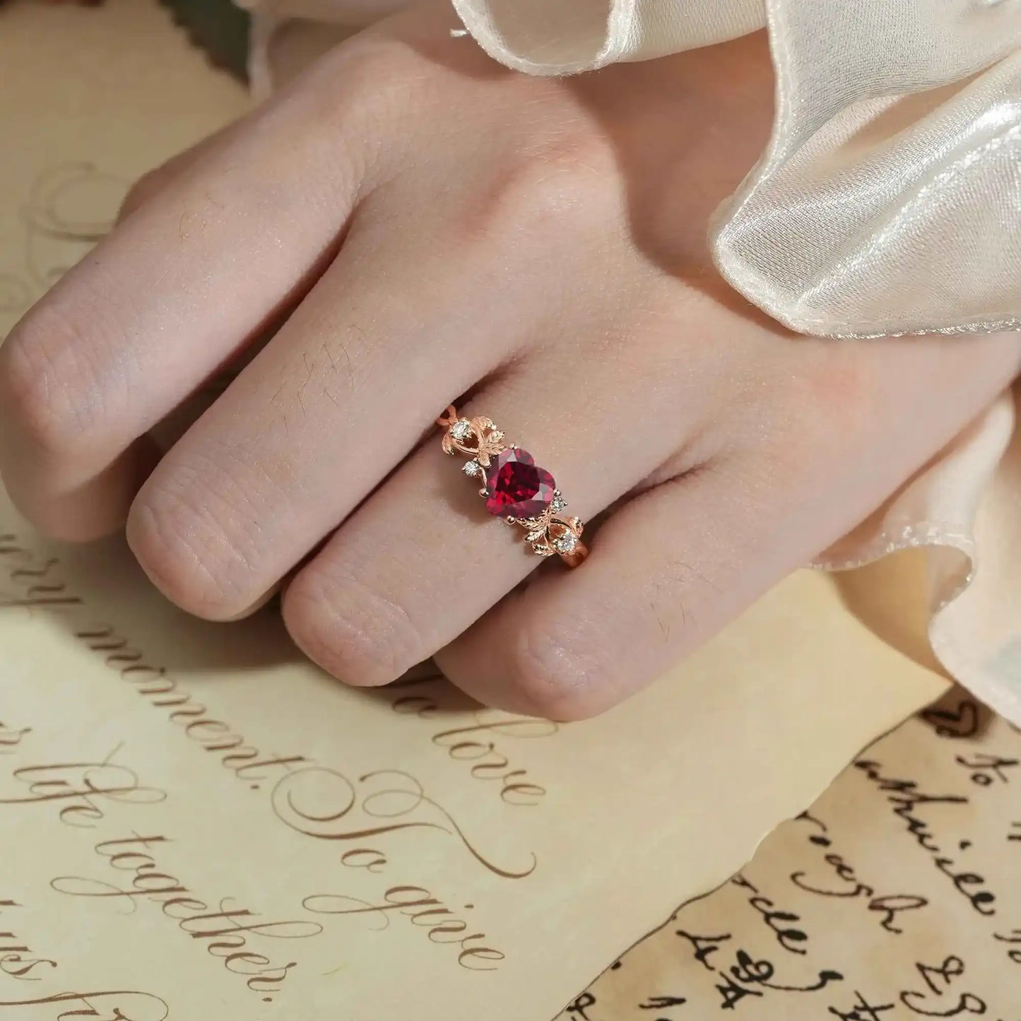 Heart Cut Ruby Leaf Inspired Engagement Ring - Poppy