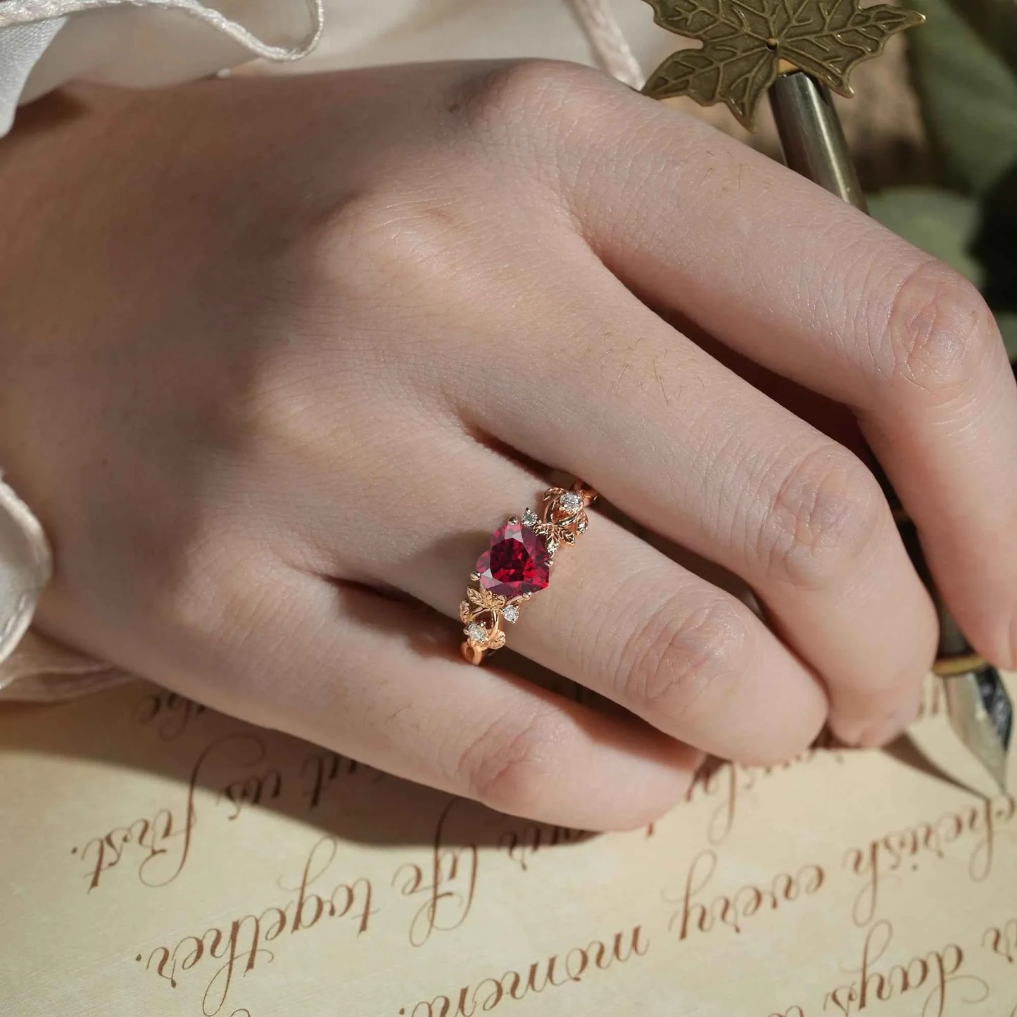 Heart Cut Ruby Leaf Inspired Engagement Ring - Poppy