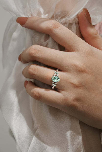 Oval Cut Lab Green Sapphire Engagement Ring With Leaf