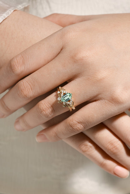 Long Hexagon Green Sapphire Engagement Ring Leaf Wedding Band 2pcs
