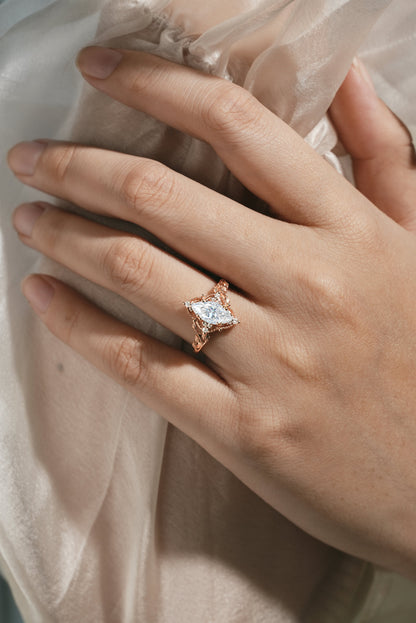 Marquise Cut Moissanite Ring with Leaf Design