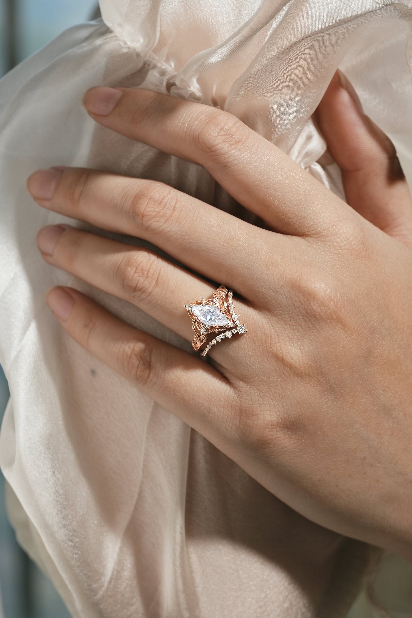 Marquise Cut Moissanite Engagement Ring With Curved Wedding Band 2pcs