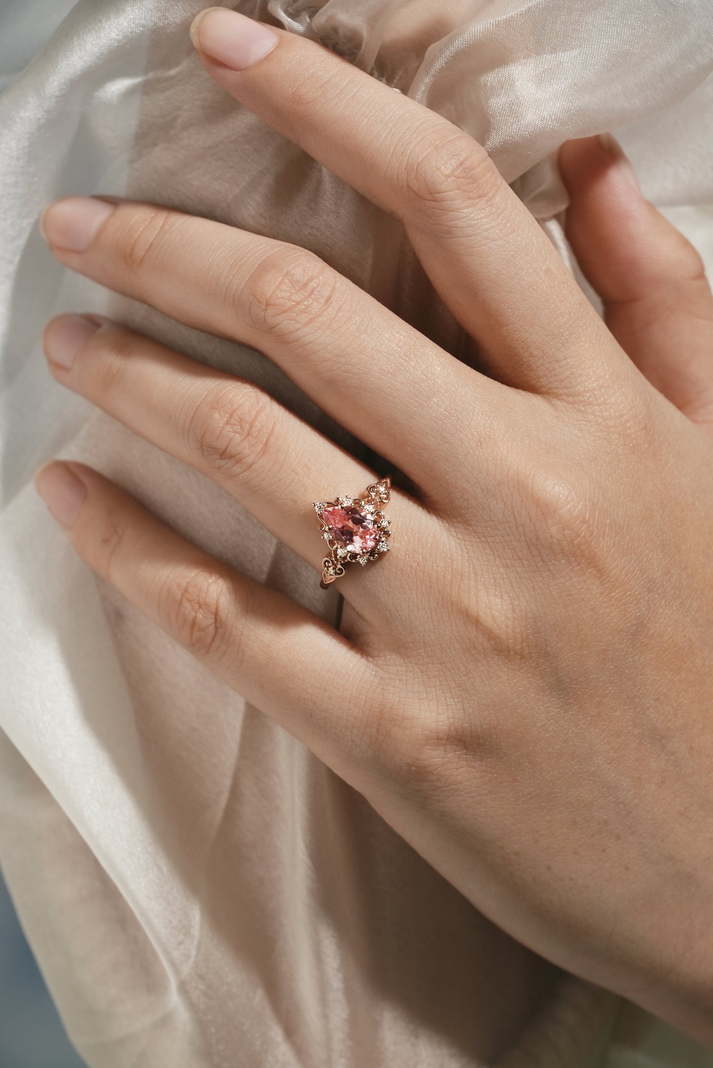 Vintage Pear Cut Padparadscha Sapphire Engagement Ring