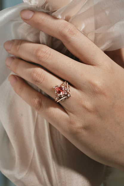 Antique Padparadscha Sapphire Ring Leaf Chevron Wedding Band