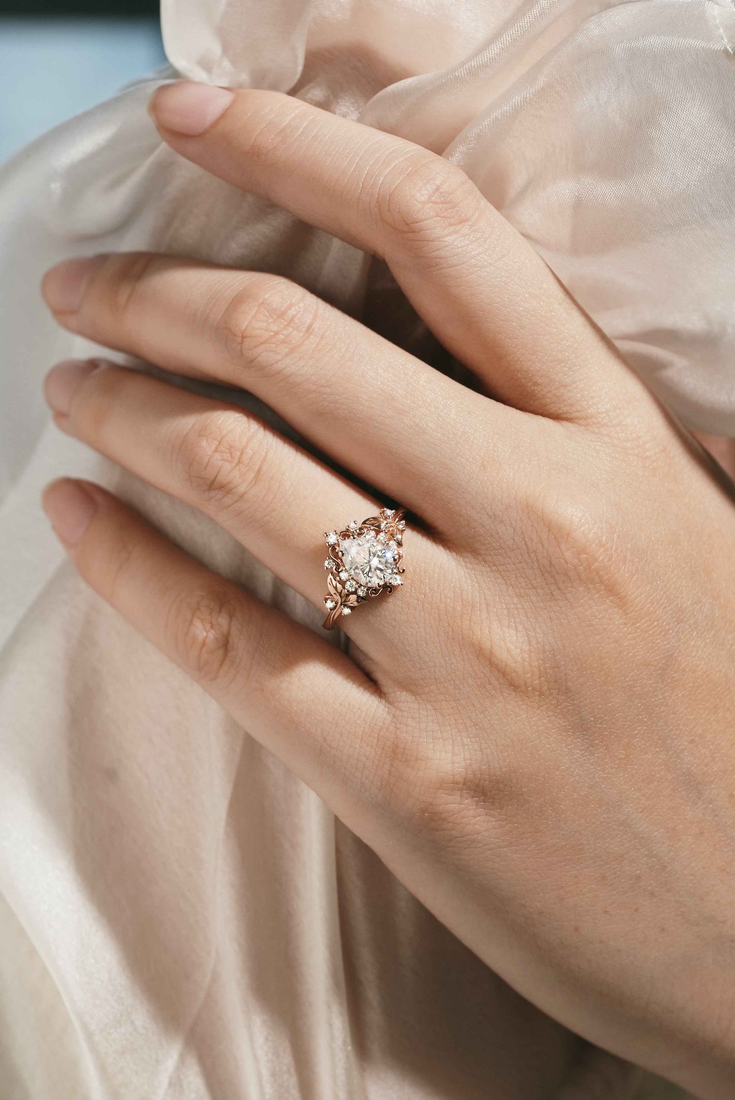 Leaf Inspired Pear Cut Moissanite Engagement Ring – Customized with Ruby Accent Stones For Leandro