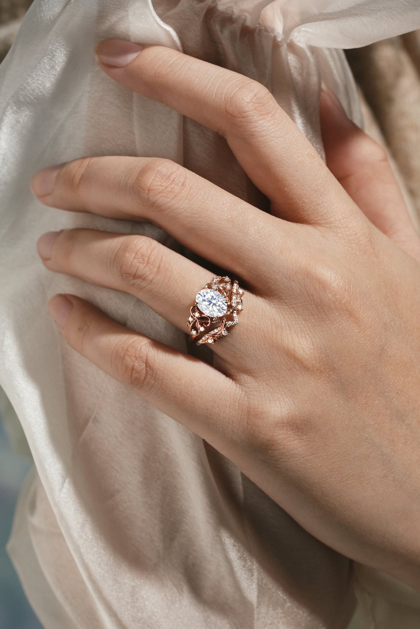 Nature Inspired Branch Leaf Engagement Ring Set 2pcs