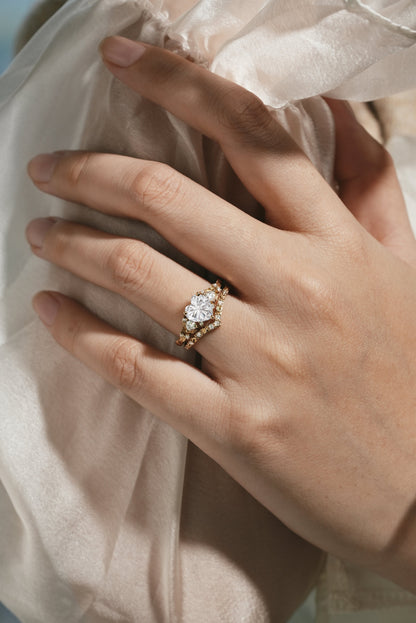 Unique Heart Cut Moissanite Leaf Engagement Ring Moon Wedding Band