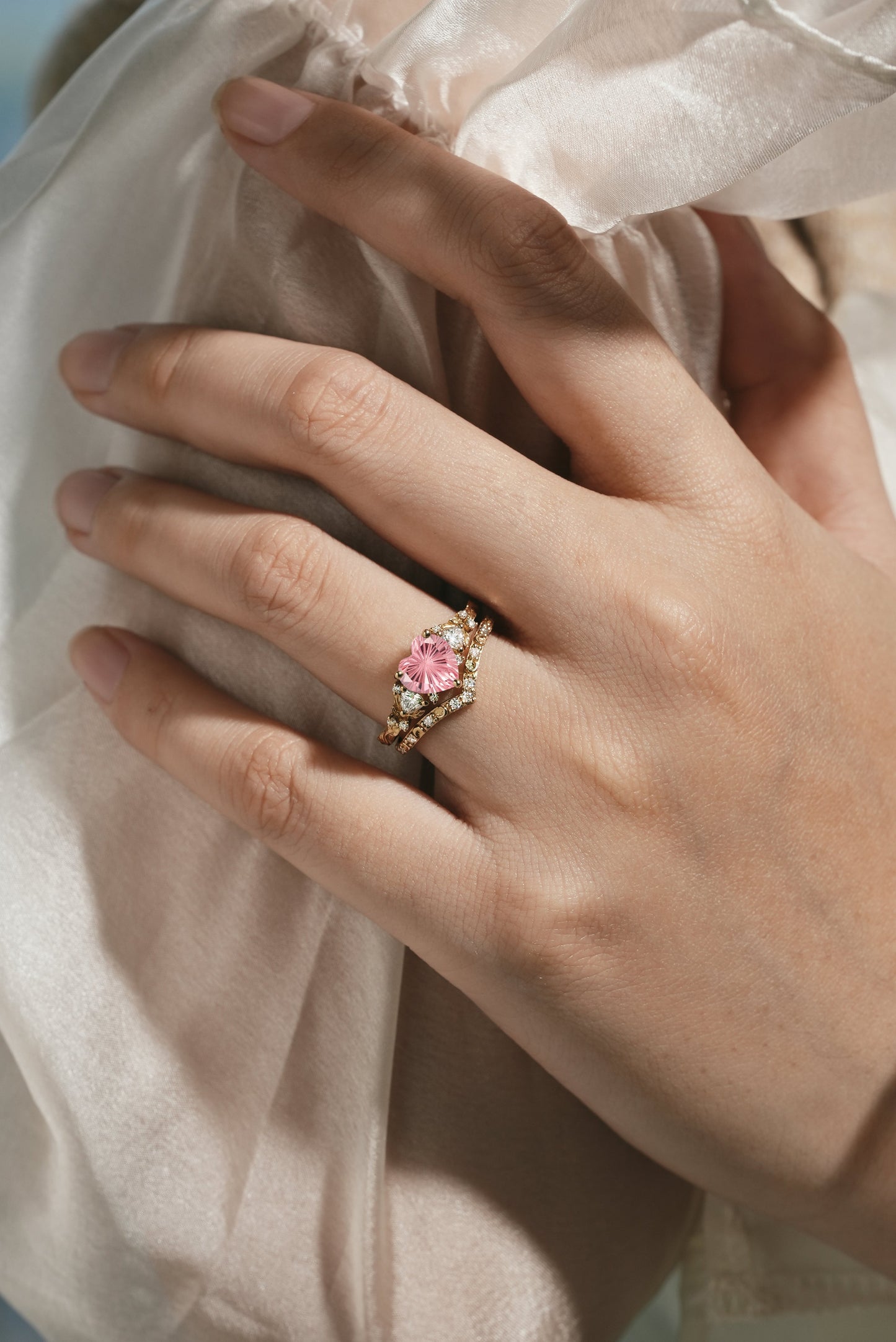 Heart Cut Starbrite Cut Padparadscha Engagement Ring Set 2pcs