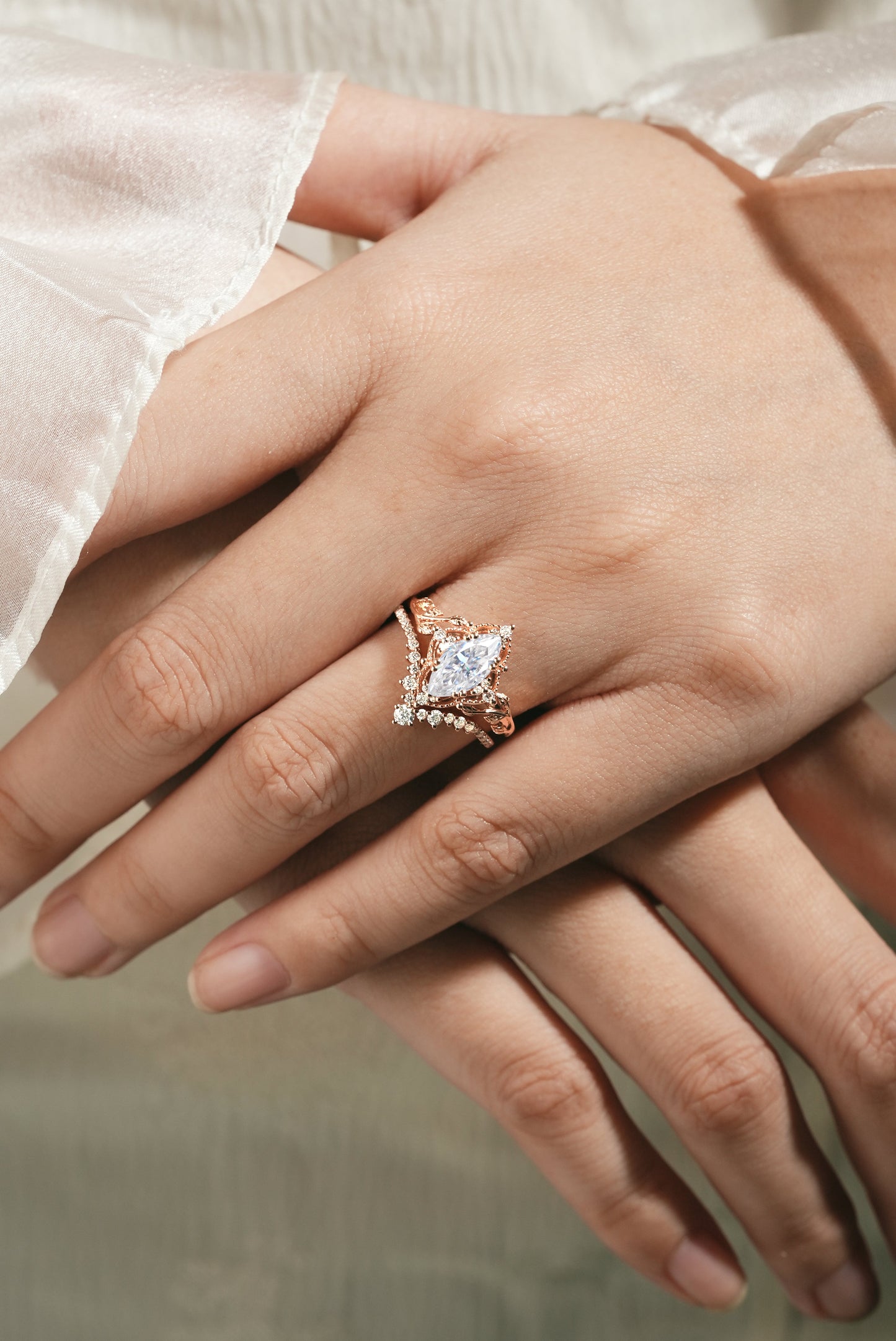 Marquise Cut Moissanite Engagement Ring With Curved Wedding Band 2pcs