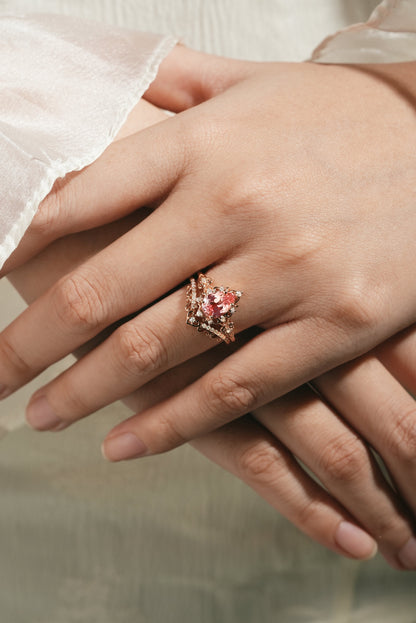 Antique Padparadscha Sapphire Ring Leaf Chevron Wedding Band