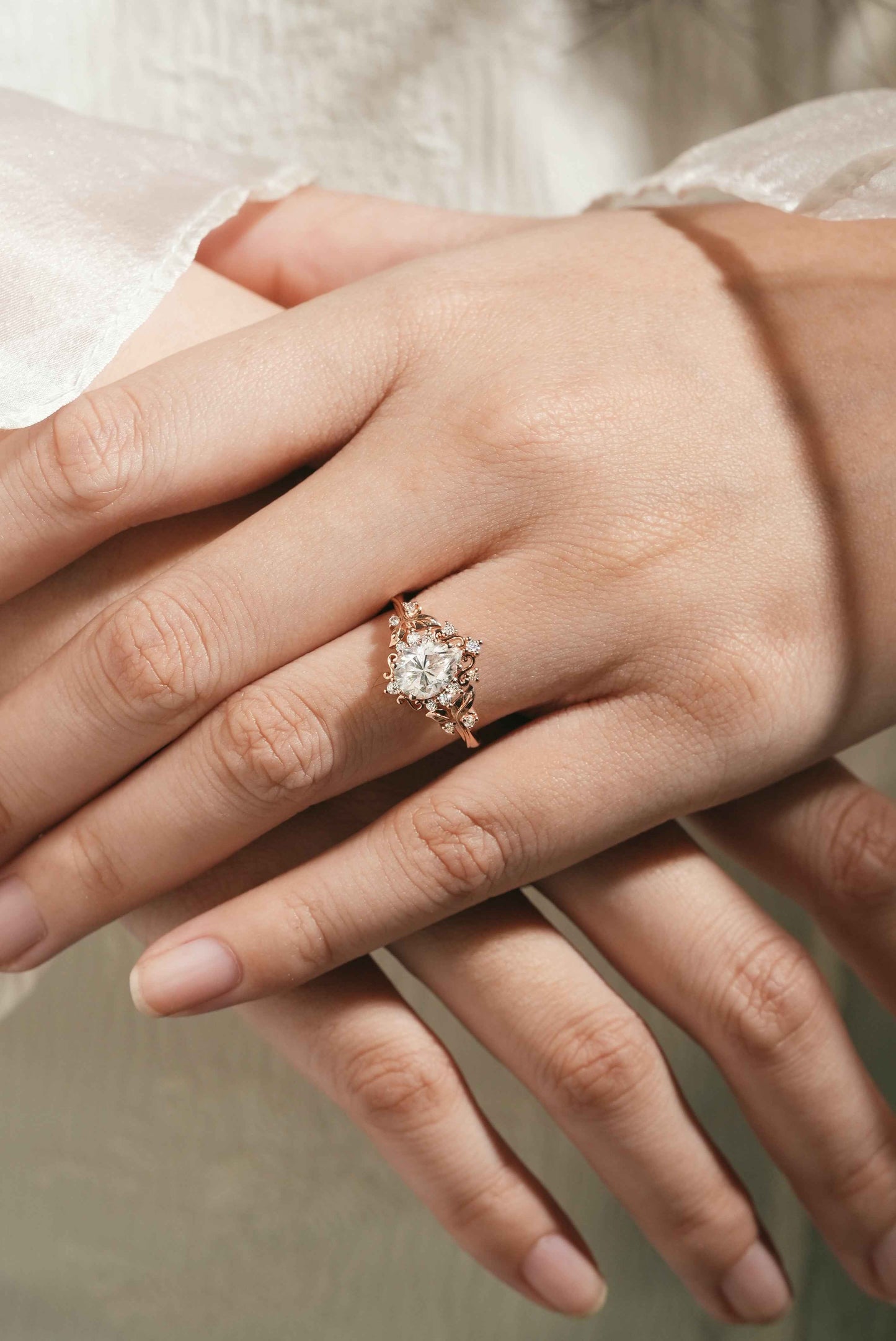 Leaf Inspired Pear Cut Moissanite Engagement Ring – Customized with Ruby Accent Stones For Leandro