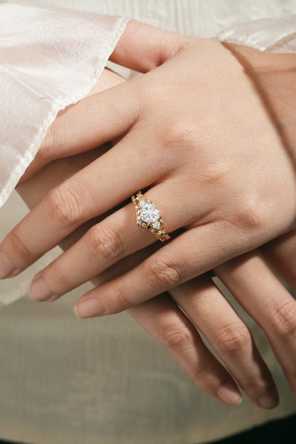 Unique Heart Cut Moissanite Leaf Engagement Ring Moon Wedding Band