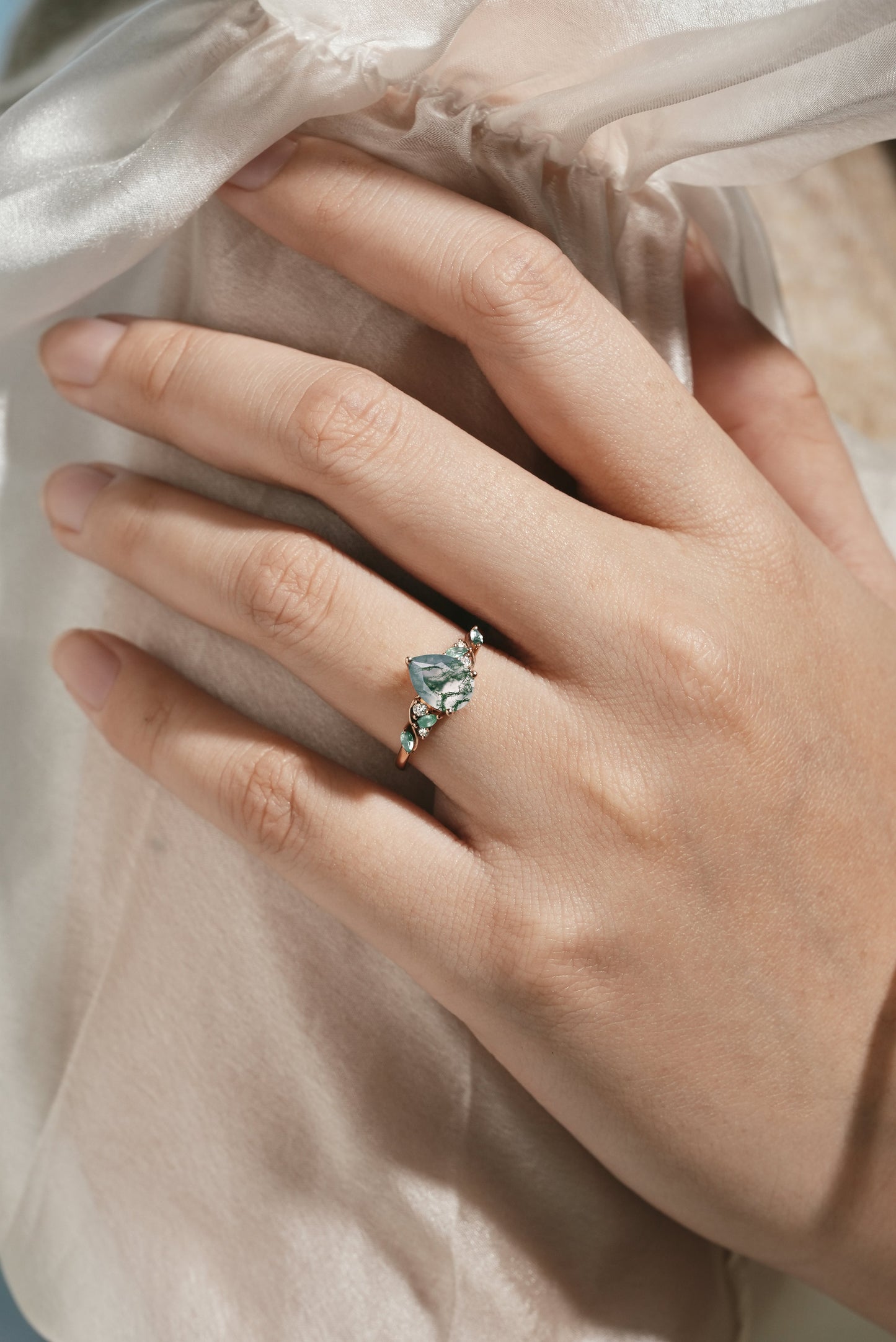 Pear Cut Moss Agate Engagement Ring Moissanite Moss Agate Cluster