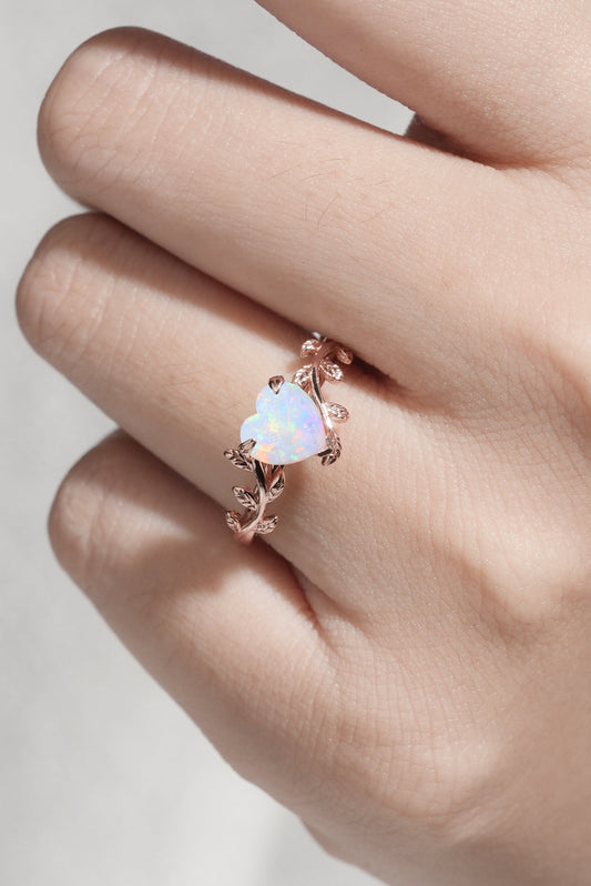 Unique Heart Shaped Opal Leaf Gemstone Ring
