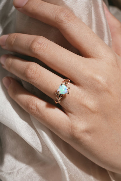 Unique Design Heart Cut Opal Leaf Engagement Ring