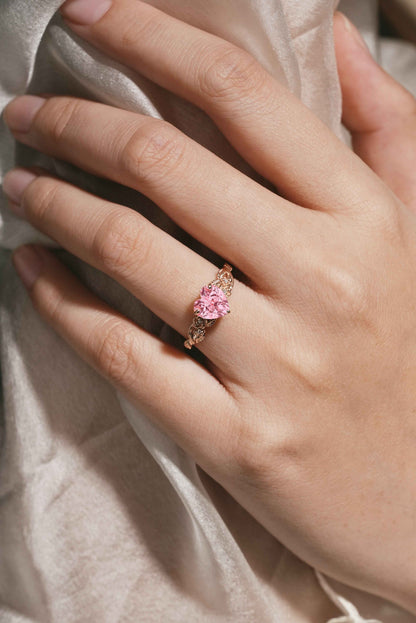 Unique Heart Cut Lab Padparadscha Sapphire Leaf Rose Engagement Ring