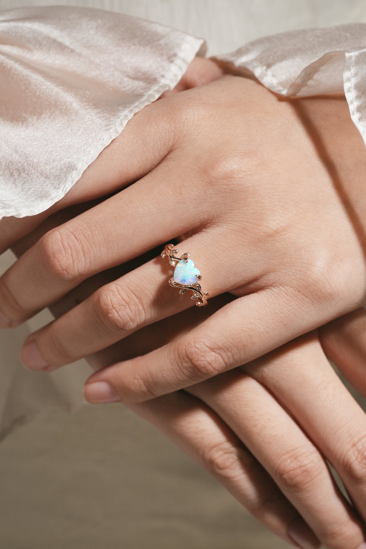 Unique Design Heart Cut Opal Leaf Engagement Ring