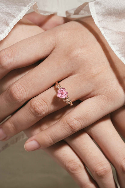 Unique Heart Cut Lab Padparadscha Sapphire Leaf Rose Engagement Ring