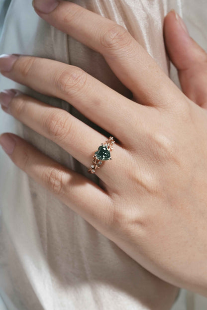 Classic Heart Cut Lab Green Sapphire Leaf Engagement Ring