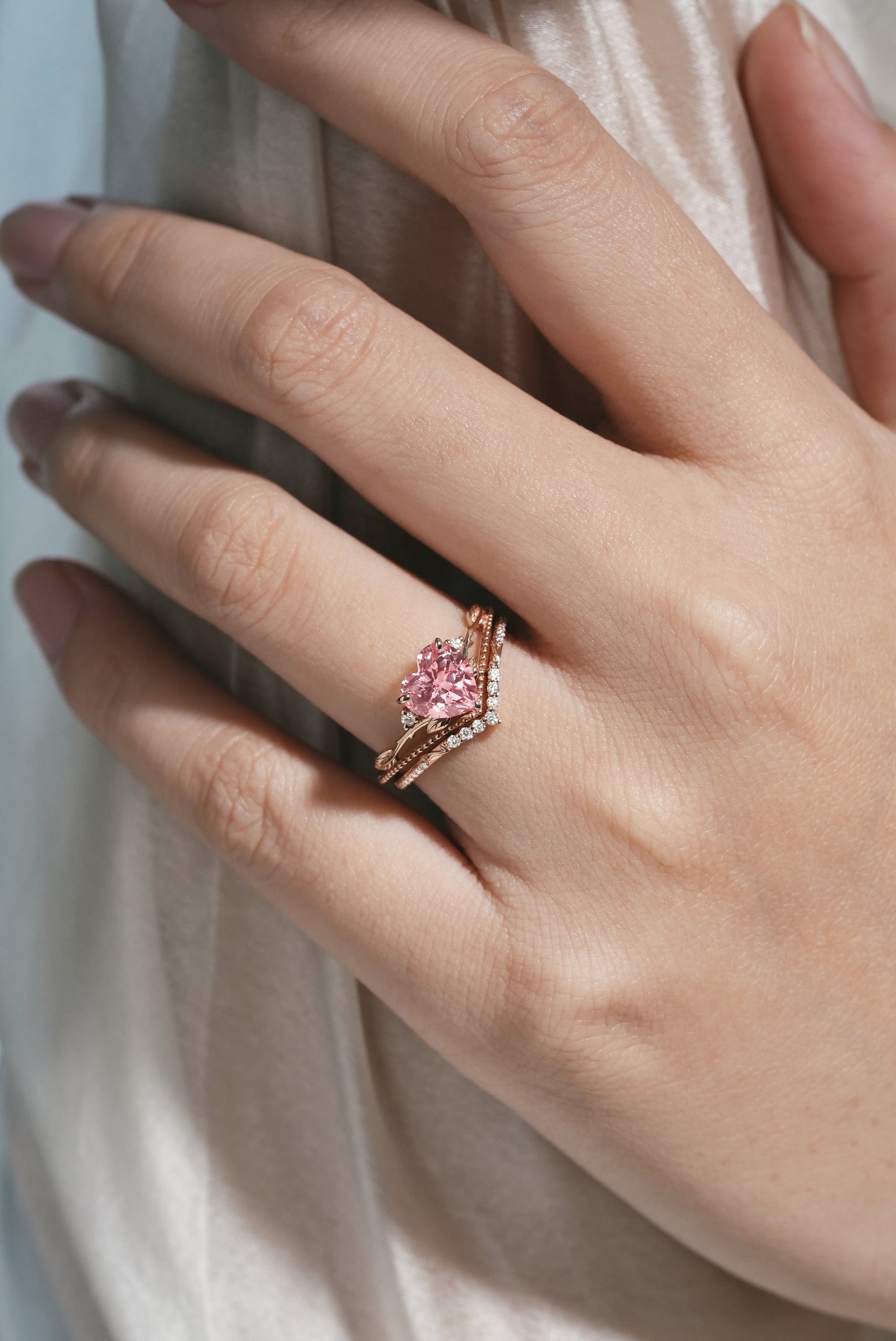 Heart Cut Lab Padparadscha Leaf Branch Engagement Ring Set 2pc