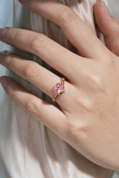 Heart Cut Lab Padparadscha Leaf Branch Engagement Ring