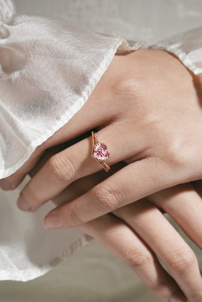 Heart Cut Lab Padparadscha Leaf Branch Engagement Ring