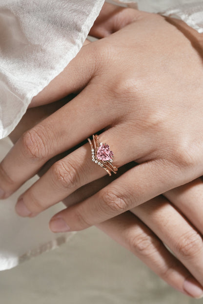 Heart Cut Lab Padparadscha Leaf Branch Engagement Ring Set 2pc