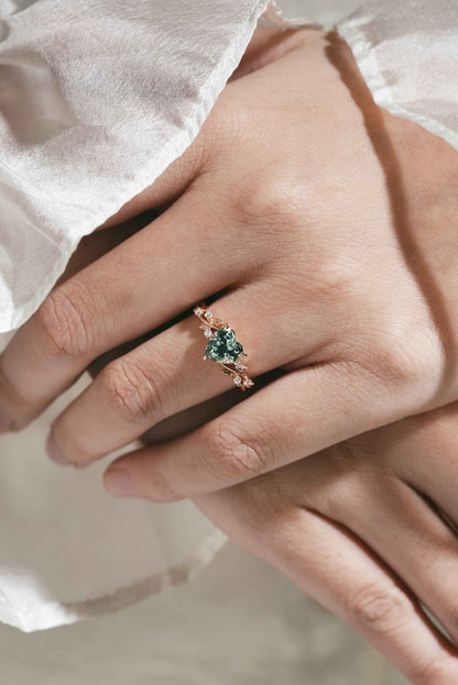Classic Heart Cut Lab Green Sapphire Leaf Engagement Ring