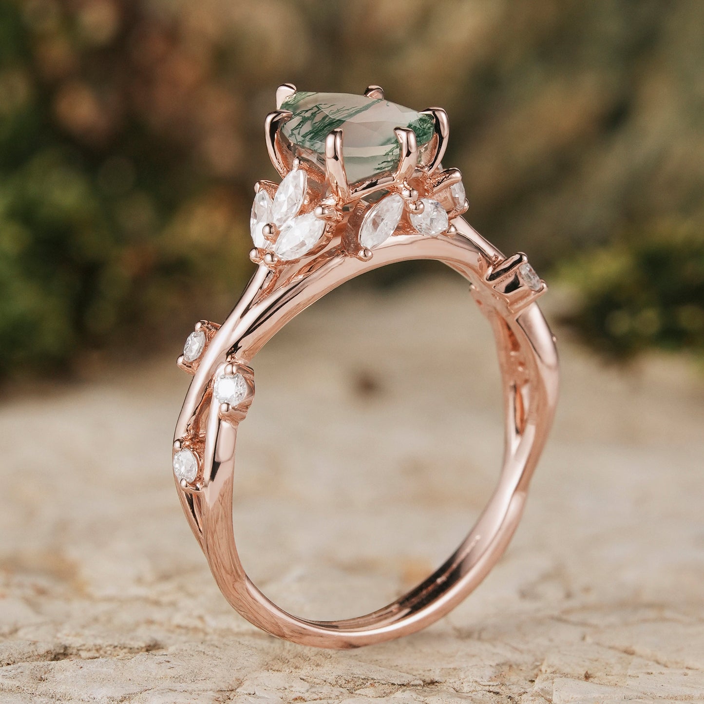 Unique Pear Cut Moss Agate Moissanite Vine Gemstone Ring Set 2pcs