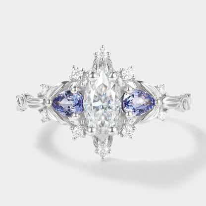 Marquise Cut Moissanite Leaf Engagement Ring Sapphire Cluster