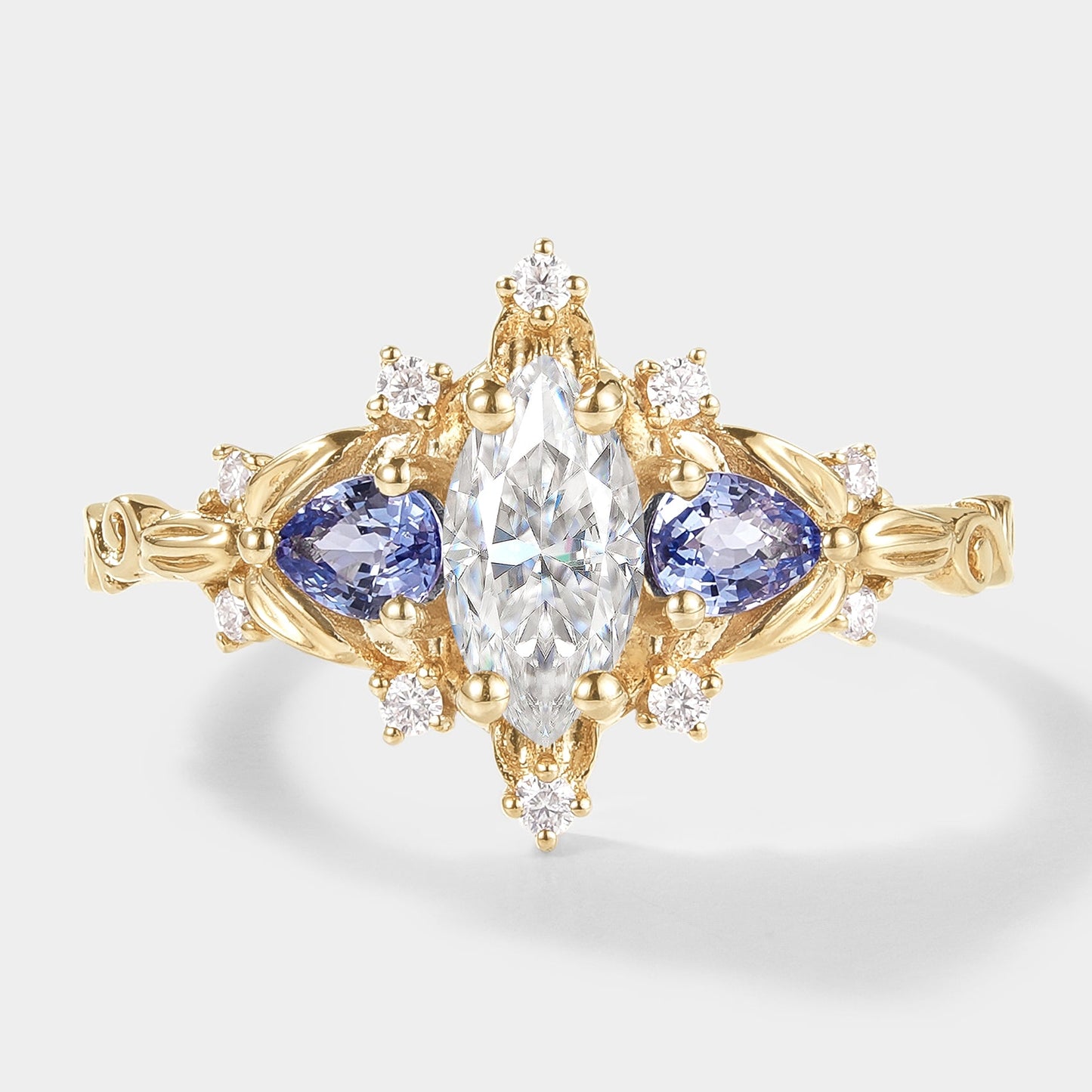 Marquise Cut Moissanite Leaf Engagement Ring Sapphire Cluster