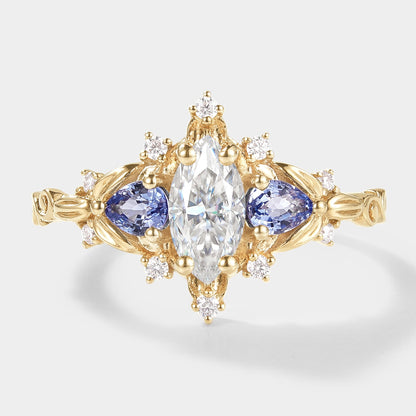 Marquise Cut Moissanite Leaf Engagement Ring Sapphire Cluster