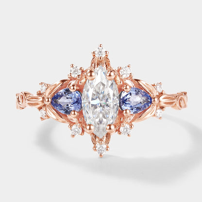 Marquise Cut Moissanite Leaf Engagement Ring Sapphire Cluster