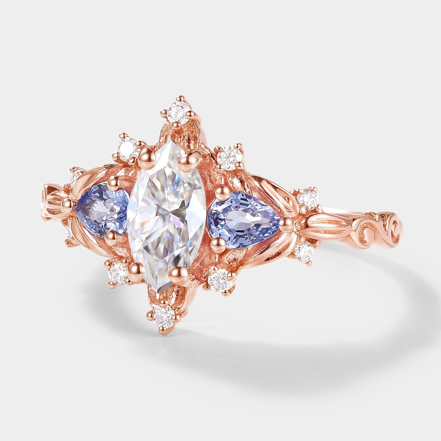Marquise Cut Moissanite Leaf Engagement Ring Sapphire Cluster