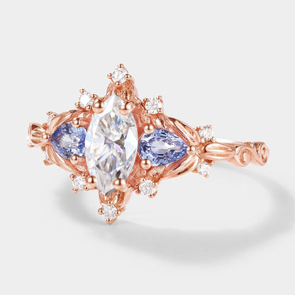 Marquise Cut Moissanite Leaf Engagement Ring Sapphire Cluster