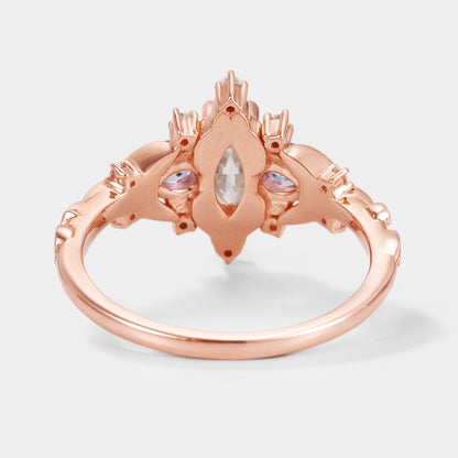 Marquise Cut Moissanite Leaf Engagement Ring Sapphire Cluster